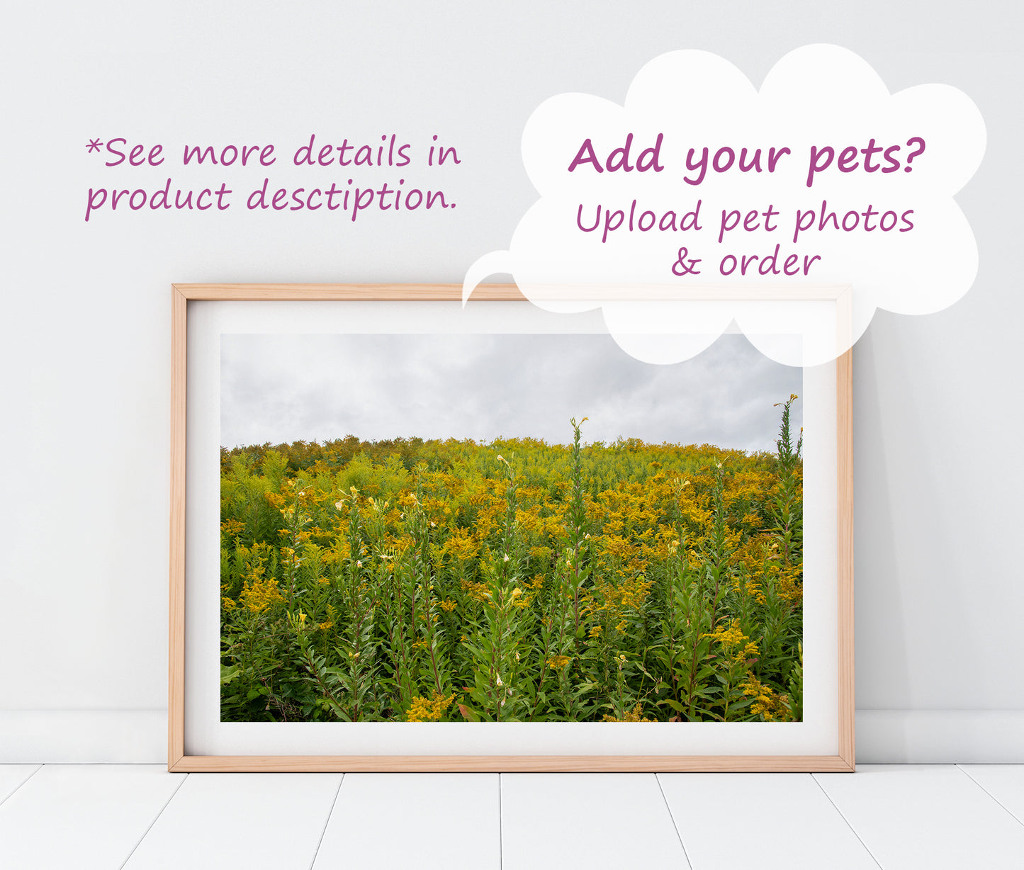 Custom Pet Portrait | Maine Wild Ragweed Yellow Flowers Landscape Photo Print | Boho Wall Art