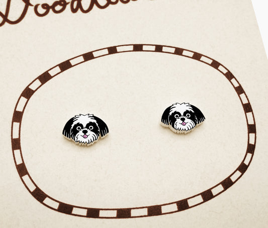 Tiny Black & White Shih Tzu Stud Earrings | Hypoallergenic Dog Jewelry