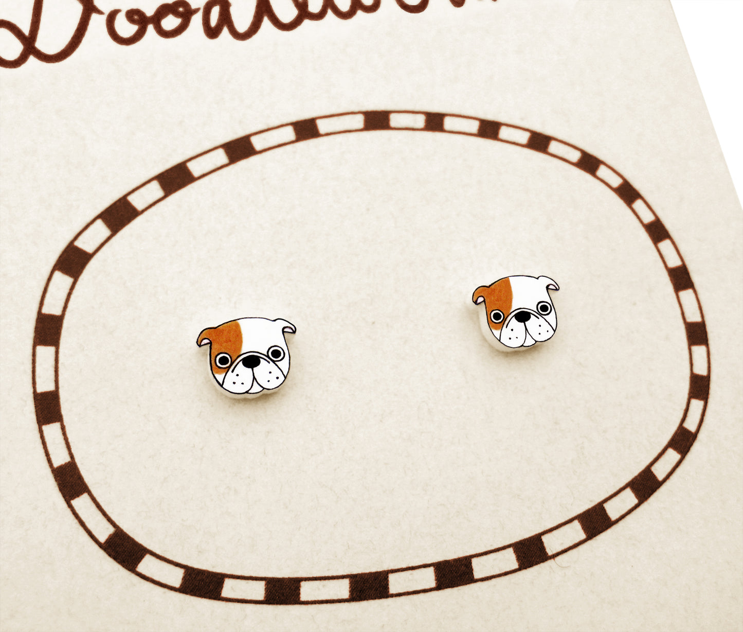 Brown Tan White English Bulldog Stud Earrings
