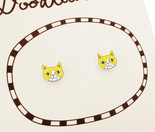 Tiny Yellow Cat Stud Earrings | Hypoallergenic Quirky Handmade Cat Jewelry