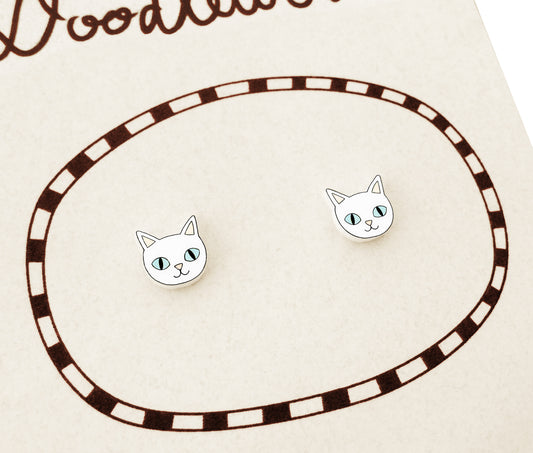 Tiny White Cat Stud Earrings | Hypoallergenic Cat Lover Gift
