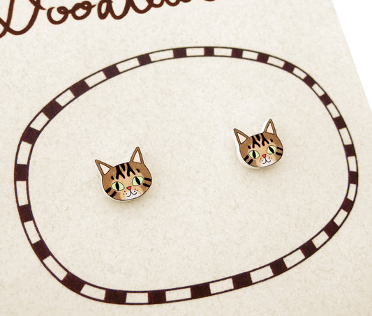 Tiny Brown Tabby Cat Stud Earrings | Hypoallergenic Handcrafted Jewelry