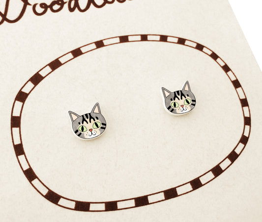Tiny Gray Tabby Cat Stud Earrings | Hypoallergenic Handmade Cat Jewelry