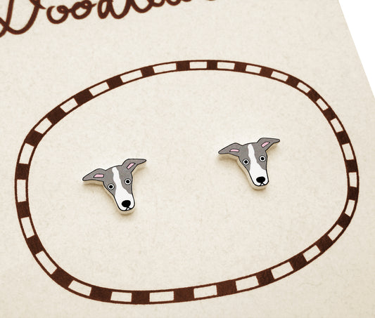 Tiny Italian Greyhound Whippet Stud Earrings | Blue Gray & White Dog Earrings | Hypoallergenic Jewelry