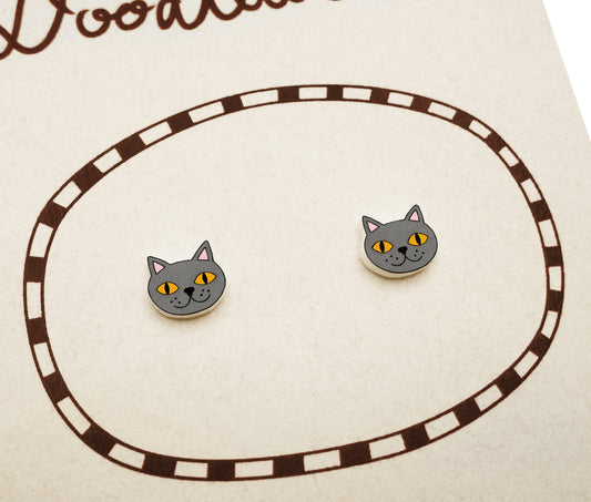 Tiny Blue British Shorthair Stud Earrings | Hypoallergenic Gray Cat Jewelry