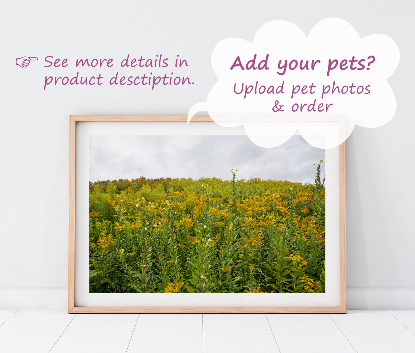 Custom Pet Portrait | Maine Wild Ragweed Yellow Flowers Landscape Photo Print | Boho Wall Art