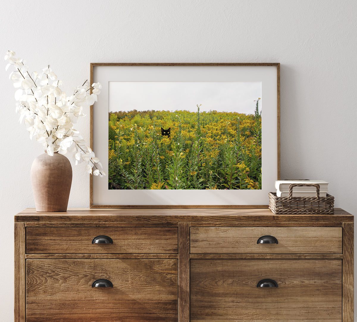 Black Cat & Tuxedo Cat in Whimsical Landscape | Wild Ragweed Yellow Flowers Landscape Photo Print