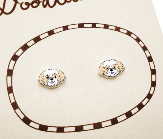 Beige Cream Gold White Parti Shih Tzu Stud Earrings