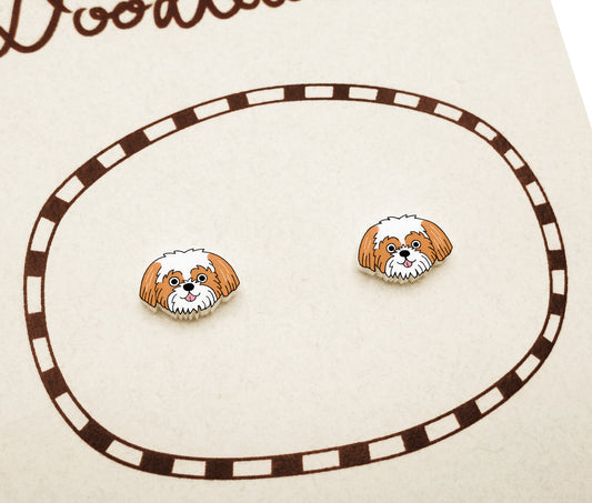 Tiny Red & White Shih Tzu Stud Earrings | Hypoallergenic Dog Mom Gift
