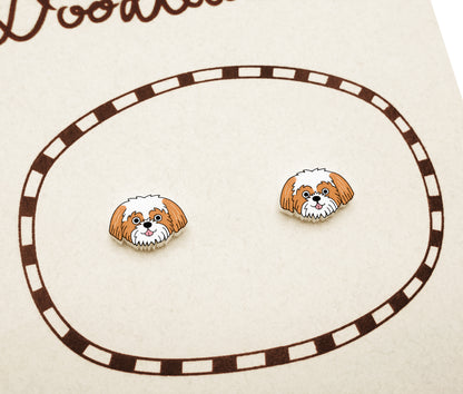 Tiny Red & White Shih Tzu Stud Earrings | Hypoallergenic Dog Mom Gift