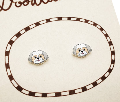 Tiny Silver & White Fawn Shih Tzu Stud Earrings | Hypoallergenic Dog Mom Gift