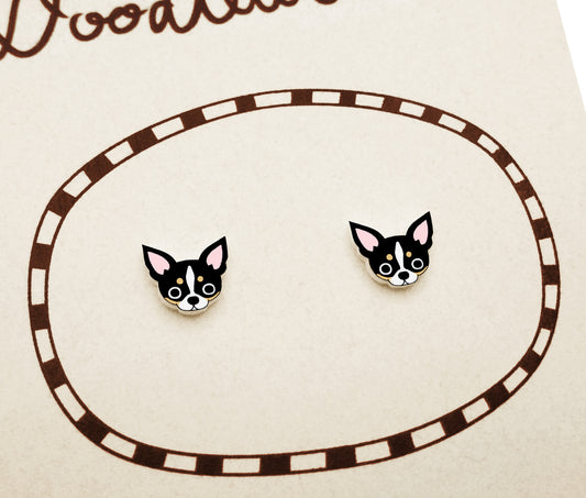 Tiny Tricolor Chihuahua Stud Earrings | Hypoallergenic Dog Jewelry