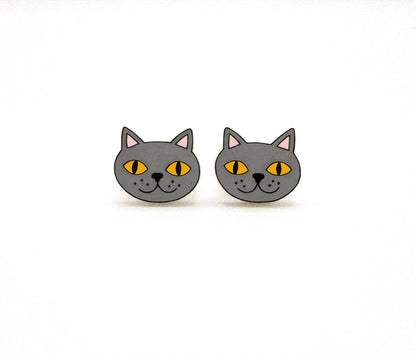 Tiny Blue British Shorthair Stud Earrings | Hypoallergenic Gray Cat Jewelry