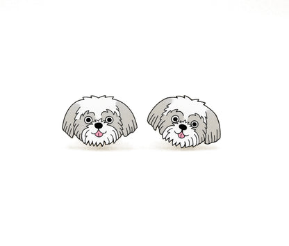 Tiny Silver & White Shih Tzu Stud Earrings | Hypoallergenic Pet Lover Gift