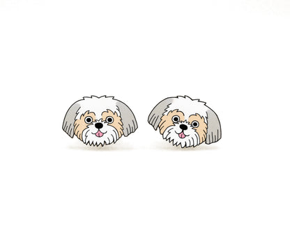 Tiny Silver & White Fawn Shih Tzu Stud Earrings | Hypoallergenic Dog Mom Gift