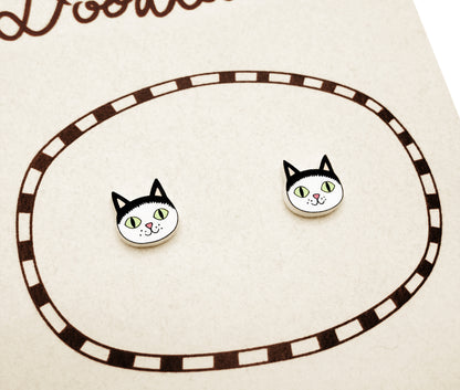 Tiny Black & White Tuxedo Cat Stud Earrings #3 | Hypoallergenic Pet Lover Jewelry