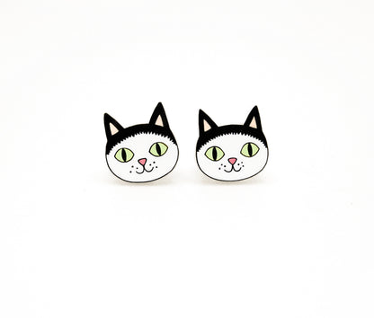 Tiny Black & White Tuxedo Cat Stud Earrings #3 | Hypoallergenic Pet Lover Jewelry