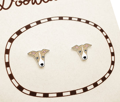 Tiny Fawn & White Italian Greyhound Stud Earrings | Brindle Whippet Dog Jewelry