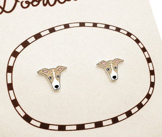 Tiny Fawn White Italian Greyhound Stud Earrings | Brindle Whippet Dog Jewelry