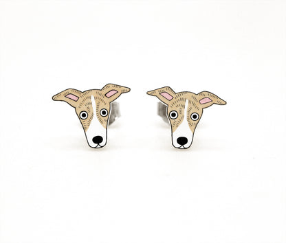 Tiny Fawn & White Italian Greyhound Stud Earrings | Brindle Whippet Dog Jewelry