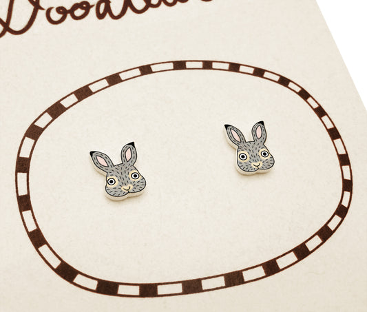 Tiny Cotton Tail Rabbit Stud Earrings | Hypoallergenic Gray Bunny Gift