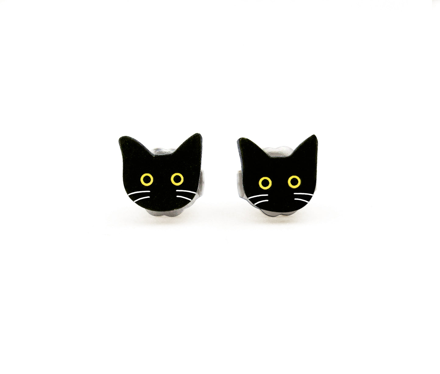 Tiny Black Cat with White Whiskers Stud Earrings | Hypoallergenic Halloween Witch Jewelry | Minimalist Cat