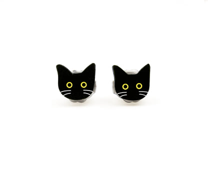 Tiny Black Cat with White Whiskers Stud Earrings | Hypoallergenic Halloween Witch Jewelry | Minimalist Cat
