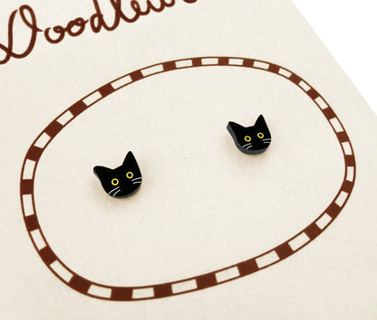 Tiny Black Cat with White Whiskers Stud Earrings | Hypoallergenic Halloween Witch Jewelry | Minimalist Cat