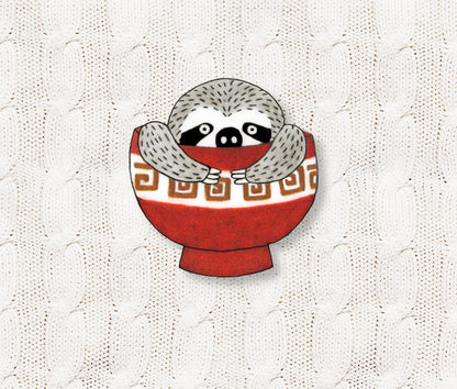 Lazy Sloth in Ramen Noodle Bowl Pin | Funny Handmade Animal Pin