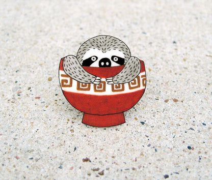 Lazy Sloth in Ramen Noodle Bowl Pin | Funny Handmade Animal Pin