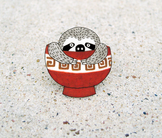 Lazy Sloth in Ramen Noodle Bowl Pin | Funny Handmade Animal Pin