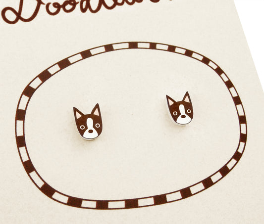 Tiny Brown Red Boston Terrier Stud Earrings | Hypoallergenic Minimalist Dog Jewelry