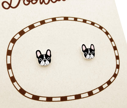 Tiny Black & White French Bulldog Stud Earrings | Hypoallergenic Dog Mom Gift