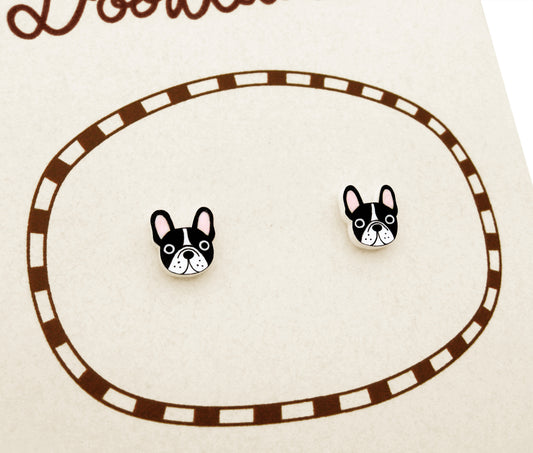 Tiny Black & White French Bulldog Stud Earrings | Hypoallergenic Dog Mom Gift
