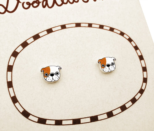 Brown Tan White English Bulldog Stud Earrings
