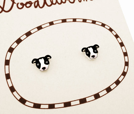 Tiny Black & White Pit Bull Stud Earrings | Hypoallergenic Handmade Dog Jewelry