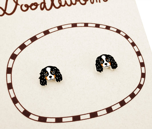 Tiny Tricolor Cavalier King Charles Spaniel Stud Earrings | Hypoallergenic Dog Jewelry
