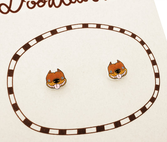 Tiny Brown Tan Pit Bull Stud Earrings | Cute Ear Cropped Dog Jewelry | Hypoallergenic
