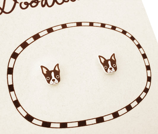 Tiny Brown Red Boston Terrier Stud Earrings | Hypoallergenic Dog Lover Gift