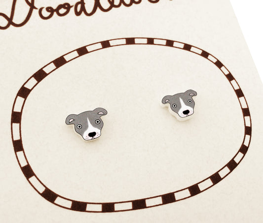 Tiny Blue Gray Lilac & White Pit Bull Stud Earrings | Hypoallergenic Handmade Dog Jewelry