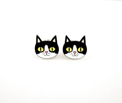 Tiny Black & White Tuxedo Cat Stud Earrings | Hypoallergenic Handmade Pet Jewelry
