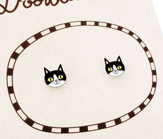 Black White Tuxedo Cat Stud Earrings