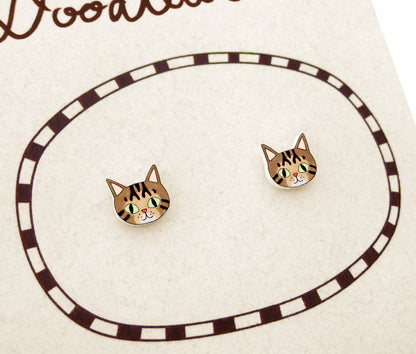 Tiny Brown Tabby Cat Stud Earrings | Hypoallergenic Handcrafted Jewelry