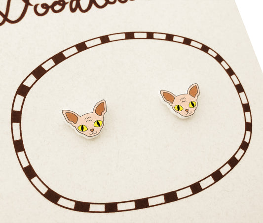 Beige Cream Fawn Sphynx Hairless Cat Stud Earrings