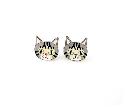 Gray Tabby Cat Stud Earrings