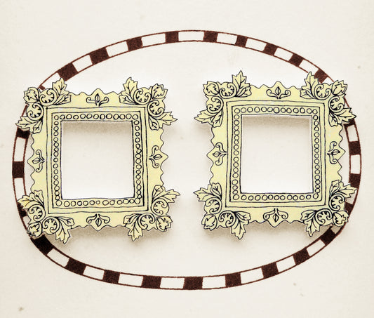 Cream Yellow Picture Frame Stud Earrings | Victorian Vintage Style Jewelry | Handmade Shrink Plastic Earrings