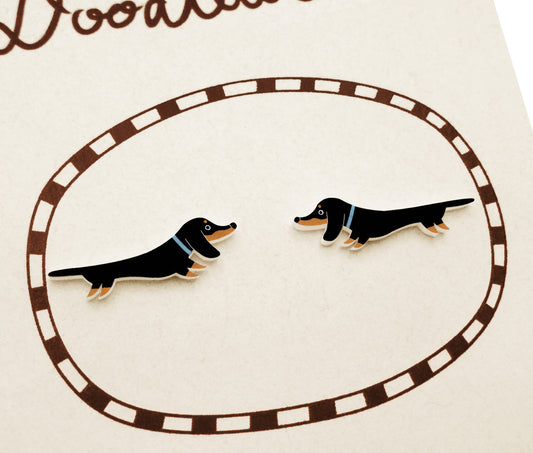 Tiny Black & Tan Dachshund Stud Earrings | Hypoallergenic Dog Lover Jewerly