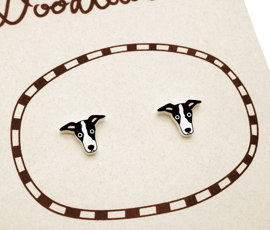 Tiny Black & White Italian Greyhound Whippet Stud Earrings | Hypoallergenic Dog Jewelry