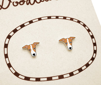 Tiny Italian Greyhound Whippet Stud Earrings | Brown Red & White Dog Earrings | Hypoallergenic Jewelry