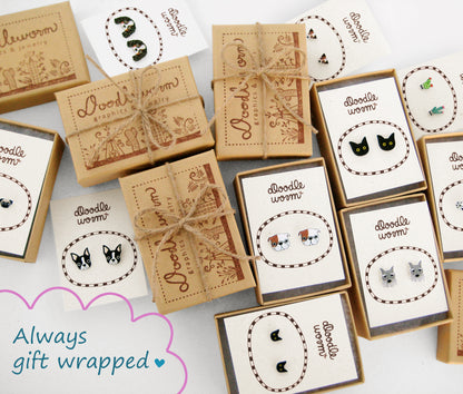 Tiny Brown Tabby Cat Stud Earrings | Hypoallergenic Handcrafted Jewelry